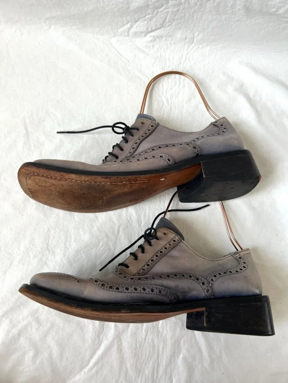 Wingtip shoes blue beige leather square toe mens EU 43 chunky brogues unique